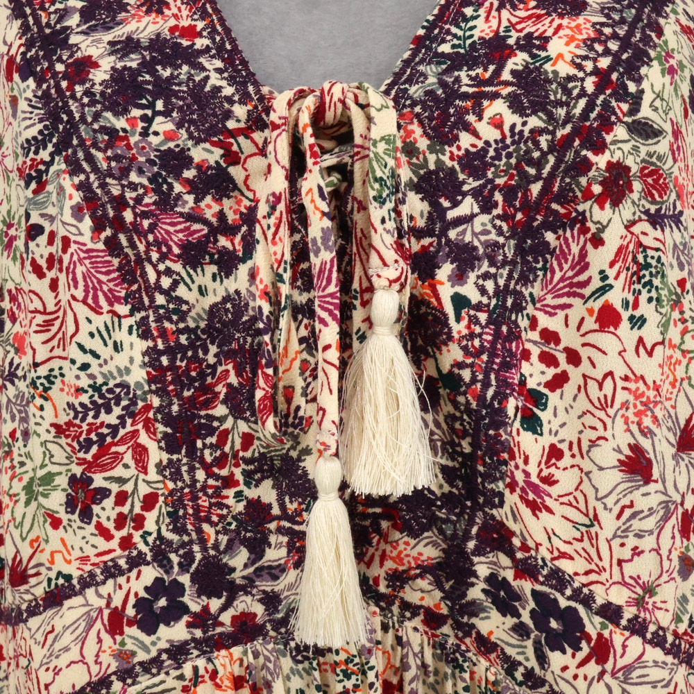 Torrid Top 1 Plus Size 1X Beige Purple Floral Blouse Tasseled Embroidered Boho - Picture 11 of 15